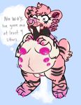  ambiguous_gender anonymous_artist anthro belly big_breasts bodily_fluids breasts cum cum_inflation fangs felid female genital_fluids huge_breasts hyper hyper_breasts inflation lactating machairodontine mammal pregnant sabertooth_(anatomy) solo 