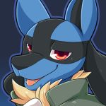  1:1 blue_body blue_fur clothing fur gradient_background half-closed_eyes icon jacket looking_at_viewer lucario male meme narrowed_eyes nikkibunn nintendo open_mouth open_smile outline pok&eacute;mon pok&eacute;mon_(species) red_eyes simple_background smile spikes topwear video_games yellow_body yellow_fur 