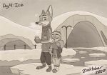  2020 aar0njay anthro canid canine clothing cup detailed_background disney duo eyes_closed fox fur holding_cup holding_object ice inktober jacket judy_hopps lagomorph leporid mammal nick_wilde outside rabbit red_fox scarf signature smile toeless_legwear topwear zootopia 
