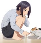  1girl animal barefoot black_hair cat ciao_churu feeding mattaku_mousuke original short_hair shorts squatting twitter_username watermark white_background 