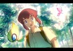  1boy alternate_color artist_name backpack bag blue_eyes brown_backpack brown_hair buttons celebi commentary_request day forest gen_2_pokemon looking_to_the_side meiji_ken mythical_pokemon nature open_mouth outdoors pokemon pokemon_(anime) pokemon_(classic_anime) pokemon_(creature) pokemon_m04 samuel_oak shiny_pokemon shirt short_sleeves sidelocks tree watermark 