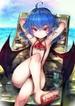  1girl armpits arms_behind_head bangs black_swimsuit blue_hair crossed_legs cup drinking_glass drinking_straw eyebrows_visible_through_hair flat_chest long_hair looking_at_viewer outdoors pointy_ears red_eyes remilia_scarlet sandals sitting slingshot_swimsuit smile solo swimsuit touhou tousen wings 