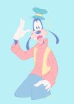  2020 absurd_res anthro black_nose blue_background canid canine canis cello2424 clothed clothing digital_drawing_(artwork) digital_media_(artwork) disney domestic_dog emanata flat_colors gesture gloves goofy_(disney) hand_in_pocket handwear hat headgear headwear hi_res looking_at_viewer male mammal open_mouth open_smile orange_clothing orange_shirt orange_topwear pockets shirt simple_background smile solo topwear vest waving white_clothing white_gloves 