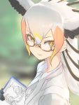  1girl bird_girl bird_wings black_gloves black_hair blonde_hair collared_shirt don3 glasses gloves hair_between_eyes head_wings kemono_friends looking_at_viewer multicolored_hair notebook orange_hair secretarybird_(kemono_friends) semi-rimless_eyewear shirt short_hair sidelocks solo white_hair white_shirt wings yellow_eyes 