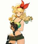  1girl absurdres bangs bare_shoulders belt blonde_hair breasts cargo_shorts cleavage closed_mouth collarbone commentary_request dragon_ball dragon_ball_(classic) eyebrows_visible_through_hair fingerless_gloves gloves green_eyes gun hairband highres holding holding_gun holding_weapon holster kuroimori long_hair looking_at_viewer lunch_(dragon_ball) medium_breasts midriff red_hairband short_shorts shorts signature simple_background sleeveless solo tank_top thigh_holster wavy_hair weapon 
