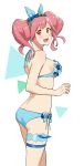  1girl :d absurdres bikini blue_bikini blue_bow blue_flower blush bow breasts floating_hair flower from_side hair_bow hair_flower hair_ornament head_wreath highres long_hair looking_at_viewer looking_back macross macross_delta makina_nakajima medium_breasts open_mouth orange_eyes pink_hair pote-mm shiny shiny_hair shiny_skin side-tie_bikini sideboob simple_background smile solo standing swimsuit thigh_strap underboob white_background 