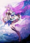  1girl black_skirt boots breasts cleavage closed_mouth floating_hair full_body hara_hikaru layered_skirt long_hair macross macross_delta medium_breasts midriff mikumo_guynemer miniskirt navel purple_footwear purple_hair red_eyes shiny shiny_hair skirt smile solo stomach thigh_boots thighhighs very_long_hair white_skirt 