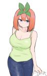  1girl bag bangs bare_arms bare_shoulders blue_eyes blue_pants blush breasts camisole cleavage closed_mouth collarbone commentary_request eyebrows_behind_hair go-toubun_no_hanayome green_camisole green_ribbon hair_between_eyes hair_ribbon highres holding holding_bag kujou_karasuma medium_breasts nakano_yotsuba orange_hair pants ribbon signature simple_background smile solo trash_bag white_background 