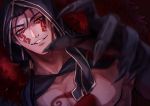  1boy absurdres bare_chest black_gloves black_hair chest_tattoo cu_chulainn_(fate)_(all) cu_chulainn_alter_(fate/grand_order) earrings elbow_gloves facial_mark facial_tattoo fate/grand_order fate_(series) foreshortening gloves grin hair_over_shoulder hair_strand highres hood hood_up jewelry long_hair looking_at_viewer male_focus nova_(novalis4929) red_eyes smile solo tattoo upper_body 