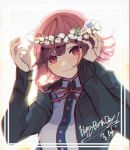  1girl arms_up bangs black_hoodie breasts commentary_request danganronpa eyebrows_behind_hair flipped_hair flower frame hair_flower hair_ornament hand_in_hair happy_birthday head_wreath highres hood hoodie large_breasts lei long_sleeves looking_at_viewer nanami_chiaki neck_ribbon no_nose number pink_eyes pink_hair pink_ribbon red_ribbon ribbon sdr_roll0808 shirt short_hair simple_background solo super_danganronpa_2 upper_body white_background white_shirt 