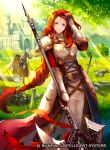  1girl adjusting_hair armor armored_boots axe battle_axe bodies boots braid braided_ponytail castle field fire_emblem fire_emblem:_path_of_radiance fire_emblem:_radiant_dawn fire_emblem_cipher green_eyes horse konfuzikokon long_hair official_art red_hair shoulder_armor sword titania_(fire_emblem) tree undershirt weapon white_armor 