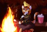  anthro autumn avian awakeningwind beak campfire camping clothed clothing detailed_background digital_media_(artwork) domestic_cat felid feline felis female fire fireplace food forest fur hair leaf mammal marshmallow night paws simple_background smile solo tree 