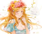  1girl bangs bleach blonde_hair blue_shirt blush bracelet breasts cleavage closed_mouth clothing_cutout collarbone floating_hair flower hair_flower hair_ornament happy_birthday hara_hikaru inoue_orihime jewelry large_breasts long_hair looking_at_viewer parted_bangs petals pink_flower red_flower shiny shiny_hair shiny_skin shirt short_sleeves shoulder_cutout simple_background smile solo upper_body very_long_hair white_background yellow_eyes yellow_flower 
