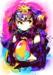  1girl absurdres bare_shoulders bird_wings bow bowtie closed_mouth colorful detached_sleeves dress egg food fur_collar golden_egg head_wings highres holding holding_egg holding_food kadim kemono_friends looking_to_the_side medium_hair ostrich_(kemono_friends) smile solo wings yellow_eyes 