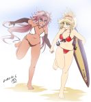  2girls :d bad_feet barefoot bikini blonde_hair blue_eyes breasts caenis_(fate) dark_skin dated error eyebrows_visible_through_hair fate/grand_order fate_(series) hisahiko holding_hands long_hair looking_at_another medium_breasts mordred_(fate) mordred_(fate)_(all) multiple_girls navel open_mouth pink_hair red_bikini running short_hair side-tie_bikini smile swimsuit teeth toes white_bikini 