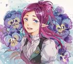  1girl :d bangs blue_eyes blue_flower dress_shirt earrings floating_hair flower hara_hikaru jewelry long_hair looking_at_viewer macross macross_delta mirage_farina_jenius open_mouth parted_bangs pointy_ears purple_hair shiny shiny_hair shirt smile solo tied_hair white_shirt 