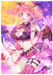  1girl :d arm_strap asymmetrical_legwear bangs black_bra bra breasts brown_eyes cleavage crown demon_tail fishnet_legwear fishnets floating_hair flower full_moon halloween halloween_costume hara_hikaru long_hair looking_at_viewer macross macross_delta makina_nakajima medium_breasts micro_shorts midriff mini_crown moon nail_polish navel open_mouth pink_hair pink_legwear pink_nails pink_shorts red_flower red_rose rose shiny shiny_hair shorts single_leg_pantyhose single_thighhigh smile solo stomach strapless strapless_bra striped striped_legwear tail thighhighs underwear vertical-striped_legwear vertical_stripes 