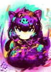  1girl absurdres animal_ears bangs black_jaguar_(kemono_friends) blue_eyes bow bowtie cat_girl closed_mouth colorful fur_scarf hair_between_eyes highres huge_filesize jaguar_ears jaguar_girl kadim kemono_friends looking_at_viewer medium_hair scarf serious shirt solo tareme upper_body 