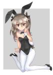  1girl animal_ears bangs black_leotard black_neckwear border bow bowtie brown_eyes bunny_ears bunny_tail detached_collar full_body girls_und_panzer high_heels katahira_masashi leotard light_brown_hair long_hair looking_at_viewer one_side_up pantyhose playboy_bunny shimada_arisu sitting solo strapless strapless_leotard tail two-tone_background wariza white_border white_legwear wrist_cuffs 