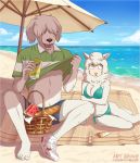  2020 anthro barefoot basket beach beach_towel beach_umbrella beastars beverage beverage_can bikini bottomwear bovid bread canid canine canis caprine clothed clothing clothing_lift collot_(beastars) digital_media_(artwork) domestic_dog domestic_sheep duo female food footwear fruit fur hair_over_eyes herding_dog hi_res holding_beverage holding_object larger_male male male/female mammal melon merino_sheep obscured_eyes old_english_sheepdog one_shoe_on open_mouth pastoral_dog plant polo_shirt seaside sebun_(beastars) sheep sheepdog shirt shirt_lift shirt_up shoes shorts sitting size_difference smaller_female sneakers sunscreen swimwear teeth tommysamash topwear towel umbrella water watermelon watermelon_slice white_body white_fur white_wool wool_(fur) 