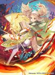  1girl blonde_hair blue_eyes book debris dress fire fire_emblem fire_emblem_awakening fire_emblem_cipher gloves green_dress green_robe jewelry kurosawa_tetsu lissa_(fire_emblem) magic_circle official_art open_mouth roman_numerals short_twintails thighhighs twintails weapon 