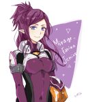  1girl bangs blue_eyes bodysuit breasts character_name covered_navel floating_hair hara_hikaru long_hair macross macross_delta mirage_farina_jenius parted_bangs pilot_suit pointy_ears purple_bodysuit purple_hair shiny shiny_hair small_breasts solo standing tied_hair turtleneck upper_body white_background 