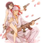  1boy 1girl abarai_renji arm_around_waist bangs black_hair bleach breasts brown_eyes china_dress chinese_clothes closed_mouth collarbone couple dress floating_hair gun hair_between_eyes hara_hikaru holding holding_gun holding_weapon kuchiki_rukia long_hair pants red_hair rifle shiny shiny_hair short_dress side_slit simple_background sleeveless sleeveless_dress small_breasts smile weapon white_background white_dress white_pants 