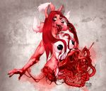  anthro belly big_nipples blood bodily_fluids breasts canid canine death female gore guts hair hi_res insane knife knifeplay kolkolukija long_hair mammal nipples pink_body red_hair smile solo suicide 