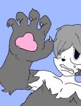  anthro bodily_fluids canid canine canis claws fur_spreading handpaw human humanoid male mammal mid_transformation paws solo solo_focus species_transformation sweat sweatdrop teeth transformation wolf 