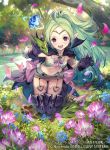 1girl boots bow cape circlet dragonstone fire_emblem fire_emblem_awakening fire_emblem_cipher flat_chest garter_straps green_hair heart heart_necklace high_collar kawasumi_mahiro kneeling manakete midriff nowi_(fire_emblem) official_art outdoors pink_bow pointy_ears ponytail purple_cape purple_eyes short_shorts shorts thigh_boots thighhighs 