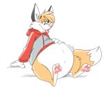  anthro belly bottomless canid canine clothed clothing fox fur hoodie hoodie_lift kitsunezero kitsunezero_(character) male mammal orange_body orange_fur overweight overweight_anthro overweight_male paws sitting solo tongue tongue_out topwear white_belly white_body white_fur 