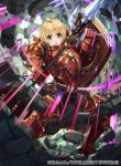  1girl amelia_(fire_emblem) armor armored_boots blonde_hair boots chain fire_emblem fire_emblem:_the_sacred_stones fire_emblem_cipher gold_trim green_hair kurosawa_tetsu official_art polearm red_armor ruins shield short_hair shoulder_armor spear weapon 