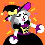  anthro canid canine clothed clothing felid feline female food hair halloween hat headgear headwear holidays magic_user mammal open_mouth simple_background solo tem temmie_(undertale) topwear undertale video_games white_body witch witch_hat 