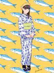  1girl anchovy_(fish) bangs beret black_legwear blunt_bangs brown_hair can canned_food commentary_request flat_chest floral_print full_body hair_over_shoulder hat highres japanese_clothes kimono lips medium_hair munakata_(hisahige) obi original personification print_kimono sandals sash solo standing white_kimono yellow_background 