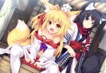  animal_ear_fluff animal_ears bangs bare_shoulders black_hair blonde_hair blue_eyes collarbone dutch_angle eyebrows_visible_through_hair fang fox_ears fox_tail japanese_clothes kimono long_hair looking_at_viewer navel off_shoulder open_mouth original roshin short_hair sitting smile tail thighhighs yellow_eyes 