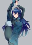  1girl ameno_(a_meno0) arms_up bangs blue_bodysuit blue_eyes blue_hair blush bodysuit boots closed_mouth dress fire_emblem fire_emblem_awakening gradient gradient_background grey_background highres holding jewelry leg_up lips long_hair long_sleeves looking_at_viewer lucina_(fire_emblem) ribbed_bodysuit shiny shiny_hair short_dress simple_background skin_tight solo split standing standing_on_one_leg standing_split thigh_boots thighhighs thighs tiara turtleneck 