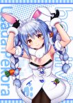  1girl :3 absurdres animal_ear_fluff animal_ears armband armpits arms_up bangs bare_shoulders black_gloves black_leotard blue_background blue_hair blue_ribbon blush bow braid breasts bunny bunny_ears bunny_girl bunny_pose carrot carrot_hair_ornament character_name cleavage closed_mouth coat commentary_request copyright_name cowboy_shot creature don-chan_(usada_pekora) ear_grab eyebrows eyebrows_visible_through_hair eyes_visible_through_hair food_themed_hair_ornament fur-trimmed_coat fur-trimmed_gloves fur_trim gloves hair_ornament halftone halftone_background highres hololive legs_together leotard long_hair looking_at_viewer medium_breasts mikannsisyou multicolored_hair orange_eyes pantyhose pom_pom_(clothes) rabbit_girl ribbon smile solo_focus symbol_in_eye translated twin_braids twintails two-tone_background two-tone_hair usada_pekora very_long_hair virtual_youtuber white_bow white_coat white_fur white_hair 