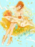  1girl ankle_bow bangs blue_background blue_eyes bouquet bow breasts brown_hair cleavage closed_mouth collarbone detached_sleeves dress earrings flower full_body hair_between_eyes hair_flower hair_ornament happy_birthday hara_hikaru high_heels holding holding_bouquet jewelry kaname_buccaneer long_sleeves looking_at_viewer macross macross_delta medium_breasts orange_flower orange_rose petals red_flower red_rose rose shiny shiny_hair short_dress short_hair sleeveless sleeveless_dress smile solo white_dress white_footwear white_sleeves yellow_bow yellow_flower yellow_rose 