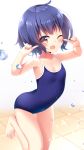  1girl barefoot blue_hair blue_swimsuit brown_eyes commentary_request competition_school_swimsuit cowboy_shot fang flat_chest gochuumon_wa_usagi_desu_ka? hatsuhi highres jouga_maya open_mouth school_swimsuit short_hair smile solo standing standing_on_one_leg swimsuit thigh_gap 