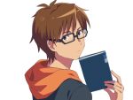  1boy bangs black-framed_eyewear book brown_hair closed_mouth commentary_request expressionless gin_no_saji glasses hachiken_yuugo holding holding_book hood hood_down hoodie looking_at_viewer male_focus sayshownen short_hair simple_background solo upper_body white_background 