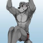  1:1 abs anthro armpit_hair balls biceps blush bodily_fluids body_hair brown_eyes canid canine canis cooper_estevez exercise fur genitals grey_body grey_fur jackaloo jock male mammal pecs solo sweat wolf 