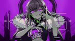  1girl absurdres asano_ruri asano_sisters_project barbed_wire chair collar crown finger_to_mouth fur_trim gomapiyo_(gmpy_oaio) hair_ornament highres king_(vocaloid) limited_palette long_hair looking_at_viewer nail_polish purple_background purple_theme sitting smile solo song_name teeth upper_body 