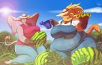  anthro big_breasts breasts clothed clothing cloud day duo elephant elephantid female flower_pot food fruit gloves hair handwear hat headgear headwear mammal mammoth melon outside overweight overweight_female plant proboscidean robthehoopedchipmunk sarah_fairhart sky smile sun trunk tusks watering_can watermelon 