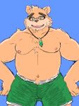  2020 anthro belly blue_background bottomwear brown_body brown_fur clothing eyewear fur glasses hanakatsuo10 hi_res humanoid_hands kemono male mammal moobs navel nipples shorts simple_background slightly_chubby solo tokyo_afterschool_summoners ursid video_games volos 