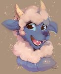 ambiguous_gender black_lips blue_body blue_fur blue_nose blue_sclera bovid bust_portrait caprine fangs fur hi_res horn lips looking_at_viewer mammal musicsheep open_mouth open_smile portrait sheep smile solo sparkles sunifinch teeth 