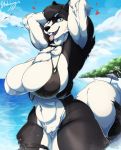  &lt;3 absurd_res ambient_bird anthro avian beach big_breasts bikini bird black_body black_fur breasts canid canine canis chest_tuft cleavage clothed clothing detailed_background domestic_dog female feral fur gull hi_res hodalryong huge_breasts husky lari larid mammal multicolored_body nordic_sled_dog open_mouth pose pubes seaside sky spitz swimwear tongue tongue_out tuft two_tone_body white_body white_fur 
