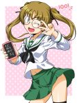  1girl ;d bangs black_legwear black_neckwear black_ribbon blouse brown_eyes brown_hair cellphone commentary_request contrapposto cowboy_shot dated eyebrows_visible_through_hair girls_und_panzer glasses green_skirt hair_ribbon holding holding_phone long_hair long_sleeves looking_at_viewer midriff_peek miniskirt navel neckerchief one_eye_closed ooarai_school_uniform oono_aya oosaka_kanagawa open_mouth partial_commentary phone pink_background pleated_skirt polka_dot polka_dot_background ribbon round_eyewear sailor_collar school_uniform serafuku skirt smile solo standing thighhighs translated twintails w white_blouse white_sailor_collar 