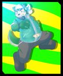  2020 absurd_res anthro belly bottomwear canid canine canis clothing domestic_dog fur green_body green_fur headphones hi_res humanoid_hands kemono live-a-hero male mammal mokdai pants sibanyann slightly_chubby solo video_games 