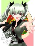  1girl :d absurdres aikir_(jml5160) anchovy_(girls_und_panzer) anzio_(emblem) anzio_military_uniform belt binoculars black_ribbon blush breasts cleavage cowboy_shot dated drill_hair emblem english_text girls_und_panzer happy_birthday highres medium_breasts open_mouth outstretched_hand red_eyes ribbon smile solo twin_drills white_background 