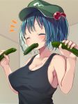  1girl absurdres armpit_peek bangs black_tank_top blue_hair breasts closed_eyes collarbone commentary_request covered_nipples cucumber eyebrows_visible_through_hair flat_cap food food_in_mouth green_headwear hair_between_eyes hair_bobbles hair_ornament hat highres holding holding_food kawashiro_nitori large_breasts looking_at_viewer mamemochi notice_lines sexually_suggestive short_hair short_twintails sideboob sidelocks sleeveless solo tank_top touhou twintails upper_body 